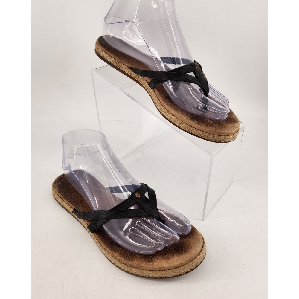 UGG Annice Flip Flop Thong Sandal Womens 7 Black Leather Jute Wrapped 1016119